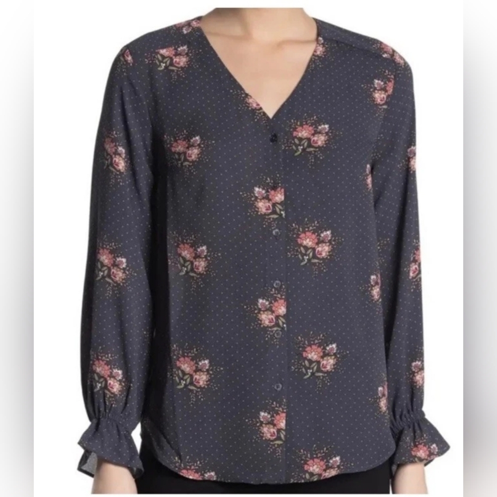 T Tahari‎ Floral Dot Blouse VNeck Ruffle Sleeve Grey S Career Office Feminine